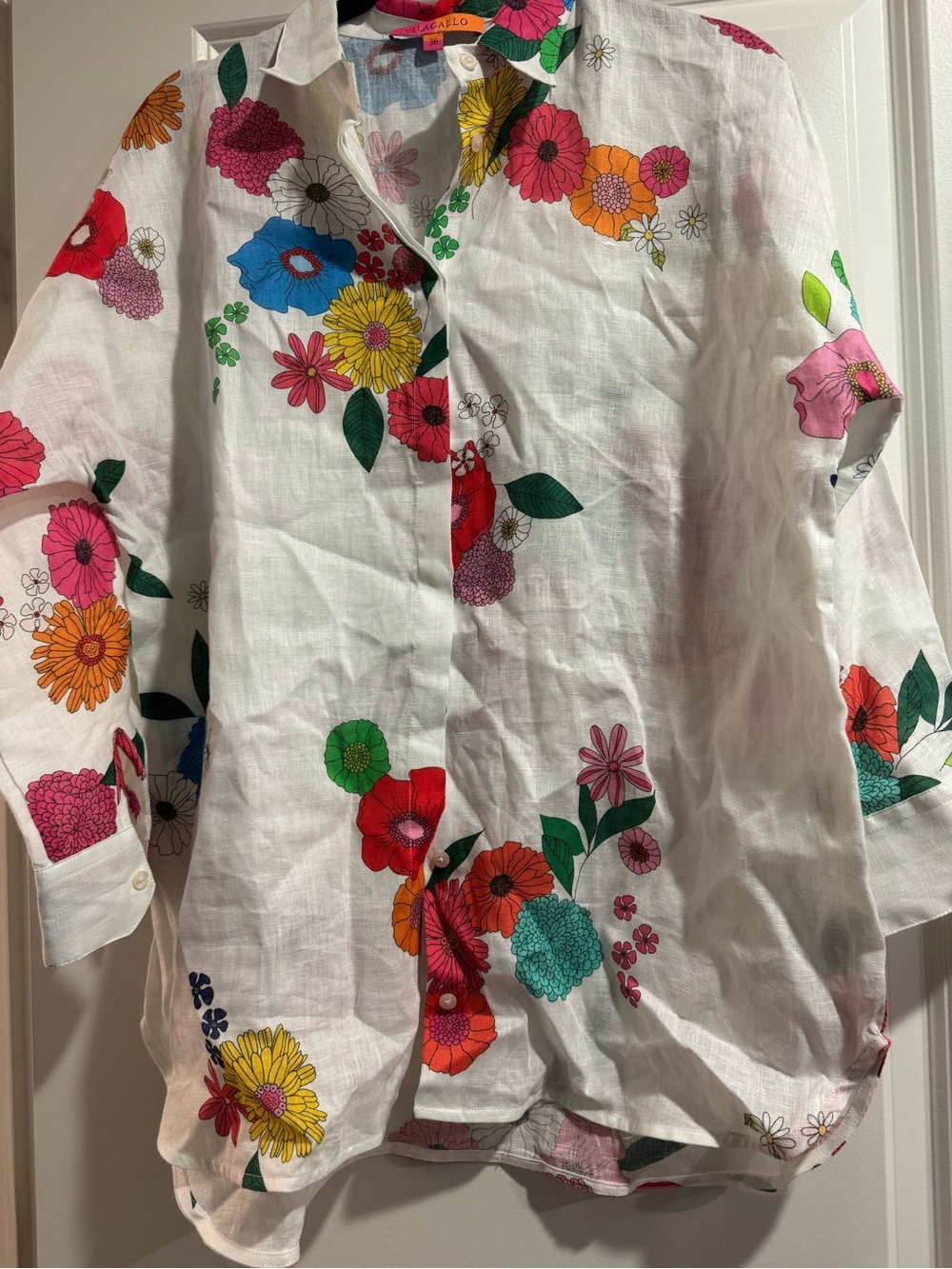 Vilagallo White Floral Button-Down Shirt with Multicolor Blooms NWT